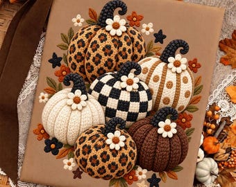 Cozy Autumn Pumpkin PNG, Chunky Knit Fall Pumpkins, Leopard Checkerboard Pumpkin Clipart, Farmhouse Fall Sublimation Design
