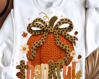 Thankful Pumpkin PNG – Knitted Fall Design with Leopard Bow (Digital Download)