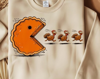 Lustiges Thanksgiving PNG: Kürbiskuchen Pac-Man jagt Truthähne (Digitaler Download)