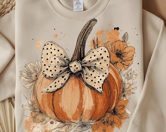 Aquarell Kürbis PNG: Polka Dot Schleife, Herbst Blumen Clipart (digitaler Download)