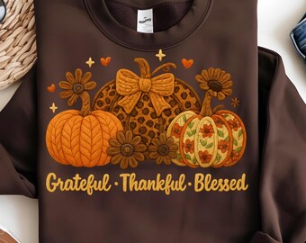Grateful Thankful Blessed Pumpkin PNG, Leopard Bow, Fall Thanksgiving (Digital Download)