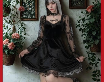 Gothic Velvet Lace Dress: Witchy Vampire Costume, Sheer Sleeves