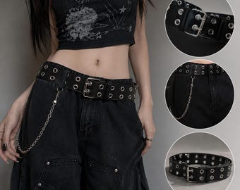 Goth Chain Belt | Black Grommet Belt with Silver Chain | Punk Eyelet Belt | Alt Grunge Waist Belt | Y2K Emo Accessories