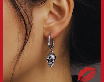 Pendientes colgantes de calavera gótica, pendientes de aro punk plateados