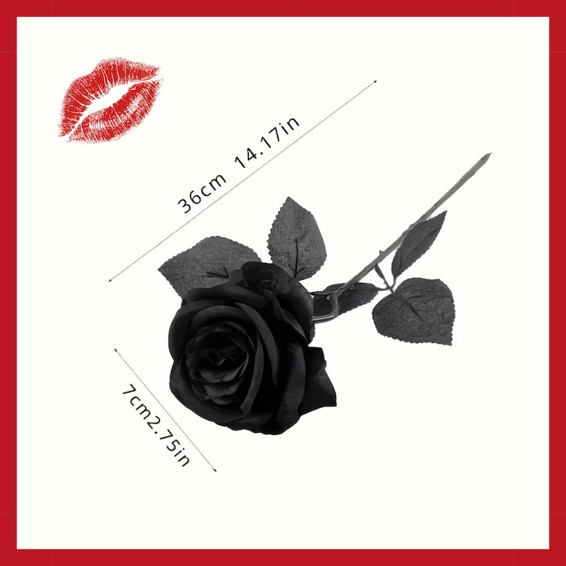May include: A black rose with a stem and leaves, measuring 14.17 inches (36 cm) long and 2.75 inches (7 cm) wide. A red lip print is in the upper left corner. The rose is a decorative item.