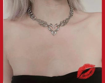 Punk Heart Flame Choker: Silver Goth Love Pendant