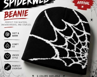 Spiderweb Beanie Hat | Gothic Knit Beanie | Punk Skater Winter Hat | Emo Snowboard Beanie | Alt Streetwear Gift