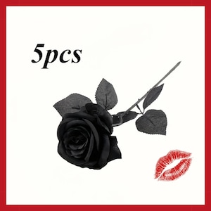 May include: A single black rose with green leaves and stem, with the text "5pcs" in the upper left corner. A red lip print is in the lower right corner. The rose is set against a white background with a red border.