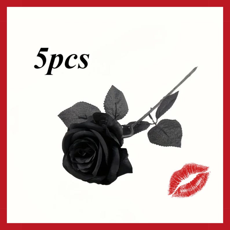 May include: A single black rose with green leaves and stem, with the text "5pcs" in the upper left corner. A red lip print is in the lower right corner. The rose is set against a white background with a red border.