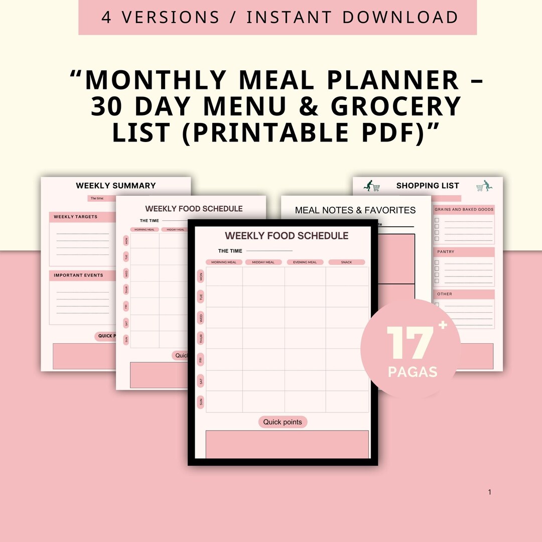 30 Day Meal Planner Printable | Monthly Menu Organizer & Grocery List ...