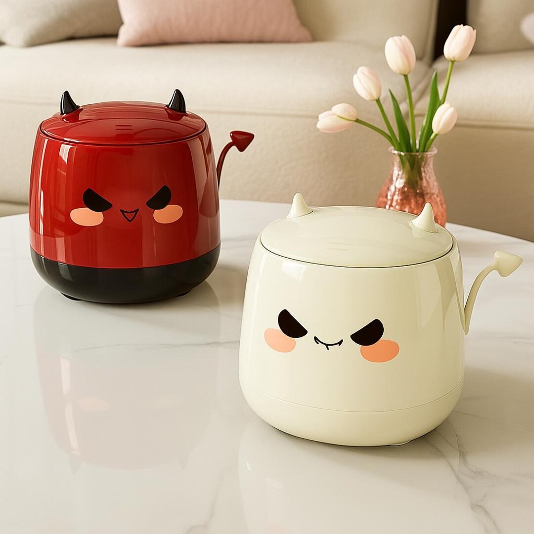 Devils Desk Mini “little Devil” Desk Trash Can – Push-lid Counter Bin, Cute Desktop ...