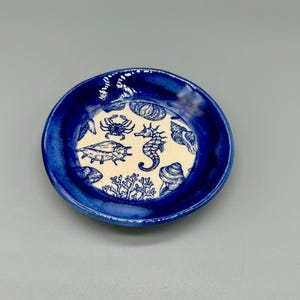 May include: A small, blue ceramic dish with a white centre featuring a blue and white design of seahorses, seashells, and coral.