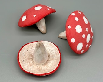 Mushroom Fungus ring holder dish jewellery trinket handmade pottery clay ceramic toadstool woodland fungi fly agaric cottagecore