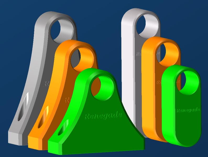 May include: A collection of colorful, 3D-rendered keychains in various shapes. The keychains are in shades of gray, orange, and green, with a circular opening at the top. The word "Renegade" is printed on the green keychain.