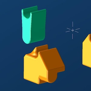 May include: A 3D rendering of several geometric shapes in shades of green and yellow-orange against a dark blue background. The shapes include a U-shaped piece and a house-like shape, possibly components of a larger design.