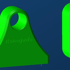 May include: Two bright green, 3D-rendered objects against a blue background. One is a bracket with a hole, the other is a rectangular shape with a hole. Both have the word "Renegade" embossed on them.