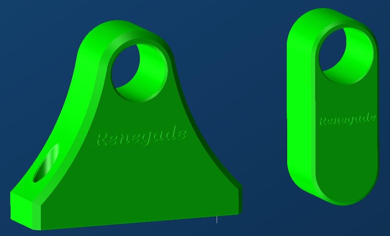 May include: Two bright green, 3D-rendered objects against a blue background. One is a bracket with a hole, the other is a rectangular shape with a hole. Both have the word "Renegade" embossed on them.
