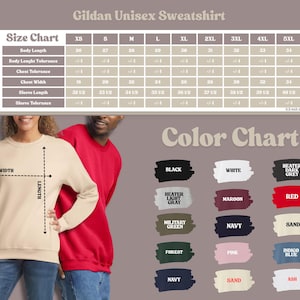 The image is a collage of various images, including a woman wearing a Gildan unisex sweatshirt, a man wearing a red sweatshirt, and a color chart with different color options.