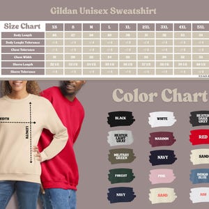 The image is a collage of various images, including a woman wearing a Gildan unisex sweatshirt, a man wearing a red sweatshirt, and a color chart with different color options.