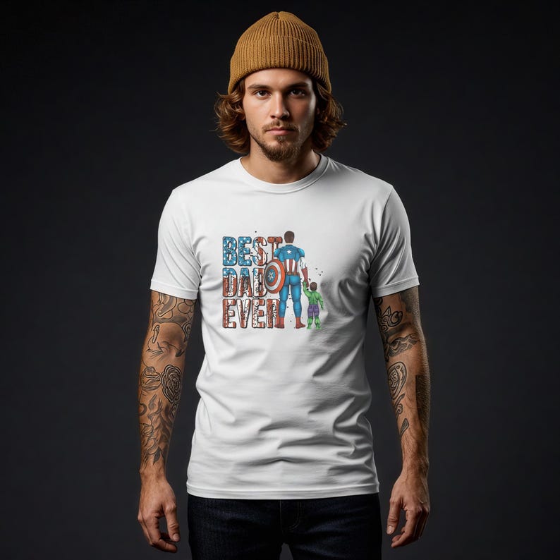 A man wearing a white t-shirt with a graphic design and text printed on it.