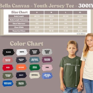 The image is a collage of two photos featuring a young girl and a young boy wearing a youth jersey t-shirt. The girl is standing next to the boy, both wearing the same green t-shirt. The image also includes a color chart with various color options and corresponding measurements, as well as a size chart for the t-shirt.