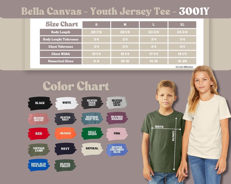 The image is a collage of two photos featuring a young girl and a young boy wearing a youth jersey t-shirt. The girl is standing next to the boy, both wearing the same green t-shirt. The image also includes a color chart with various color options and corresponding measurements, as well as a size chart for the t-shirt.