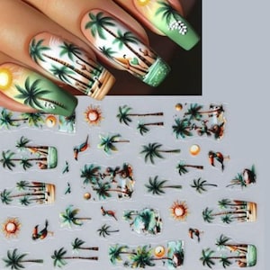 Adesivos de unhas tropicais, adesivos de unhas 3D com coqueiros e folhas de palmeira, adesivos de unhas com flores e pássaros | Arte para unhas para amantes de plantas