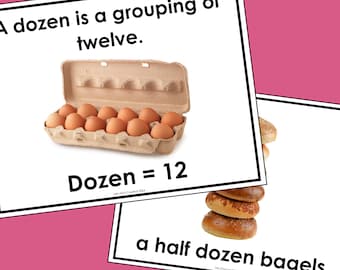 May include: Two educational cards on a pink background. One card shows a dozen eggs in a carton with the text "A dozen is a grouping of twelve. Dozen = 12". The other card shows a stack of bagels with the text "a half dozen bagels".