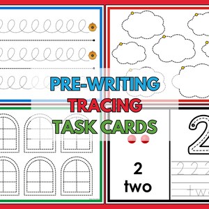 May include: Four colorful pre-writing tracing task cards. The cards feature dotted lines for tracing, including wavy lines with bees and beehives, cloud shapes, arched windows, and the number two with tracing guides. The text "PRE-WRITING TRACING TASK CARDS" is displayed.