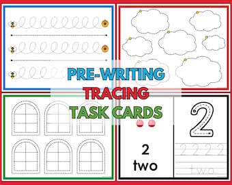 May include: Four colorful pre-writing tracing task cards. The cards feature dotted lines for tracing, including wavy lines with bees and beehives, cloud shapes, arched windows, and the number two with tracing guides. The text "PRE-WRITING TRACING TASK CARDS" is displayed.