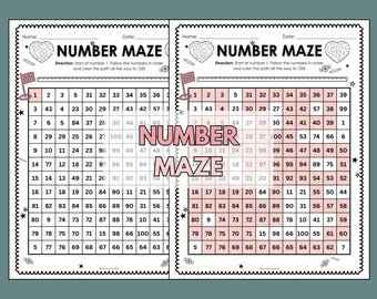 May include: Two identical number maze worksheets with a pink "Number Maze" title. Each worksheet has a grid of numbers from 1 to 100, with instructions to color the path in order. Includes space for a name and date.