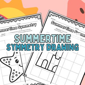 Puede incluir: Dos hojas de trabajo en blanco y negro para actividades de dibujo "Summertime Symmetry". Una presenta una estrella de mar, la otra un contorno de castillo. Las hojas tienen líneas de cuadrícula, y el texto "SUMMERTIME SYMMETRY DRAWING" es azul.