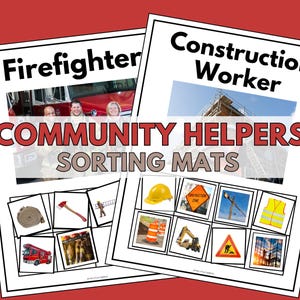 Może przedstawiać: Wyświetlane są dwie maty do sortowania z tytułami "Strażak" i "Robotnik budowlany". Maty zawierają obrazy pomocników społecznych i ich narzędzi, w tym wóz strażacki, siekierę, drabinę, kask i znaki budowlane. Widoczne są również słowa "Community Helpers Sorting Mats".