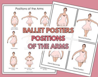 May include: Two ballet posters with illustrations of ballet arm positions. The posters feature drawings of dancers in pink dresses demonstrating various arm positions, with text labels such as "First Position" and "Third Position". The text "BALLET POSTERS POSITIONS OF THE ARMS" is displayed.