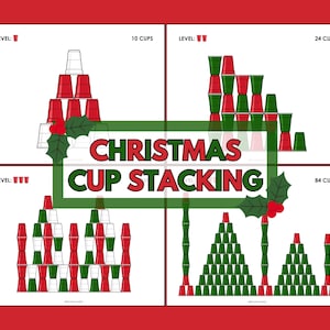 May include: A festive Christmas-themed graphic featuring cup stacking challenges. The design showcases red and green cups arranged in various structures, with text indicating the number of cups used for each level. The words "Christmas Cup Stacking" are prominently displayed.