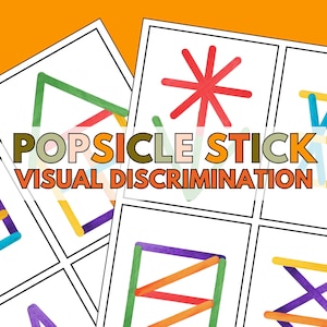May include: A collection of white cards with colorful popsicle stick designs. The cards feature various shapes and patterns made from green, red, yellow, blue, and purple popsicle sticks. The text "POPSICLE STICK VISUAL DISCRIMINATION" is displayed across the cards.