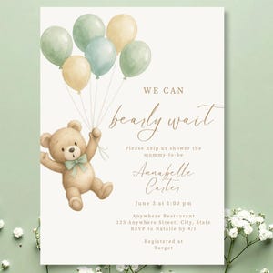 Teddy Bear Baby Shower Invitation: Watercolor Balloons (Digital Download, Editable Canva Template)