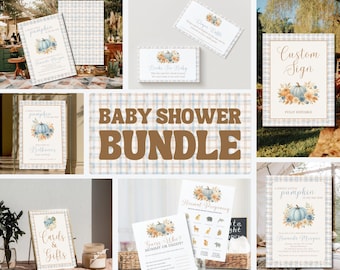 May include: A baby shower bundle featuring various stationery items. The designs include a blue pumpkin with floral accents, set against a plaid background. Items include invitations, signs, and game cards. The words "Baby Shower Bundle" are prominently displayed.
