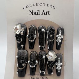 Long Coffin Press On Nails with Rhinestone Charms – 10 Designs, Medium Size
