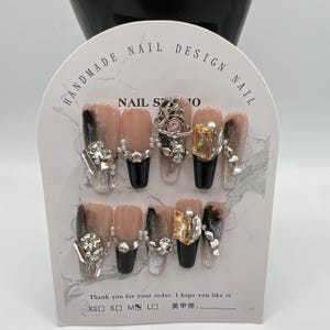 Long Coffin Press On Nails with Rhinestone Charms – 10 Designs, Medium Size