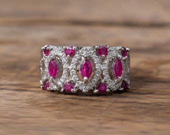 Echte rode robijnring 925 sterlingzilver, minimalistische vintage landgoedsieraden met uniek natuurlijk karakter diamantaccenten