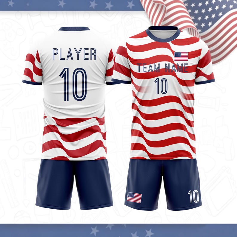 May include: A sports uniform set featuring a jersey and shorts with a red, white, and blue wavy flag pattern. The jersey displays the text TEAM NAME and PLAYER with the number 10. The shorts feature a small American flag and the number 10.