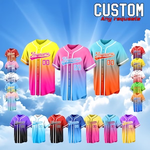 May include: A collection of baseball jerseys in various colors, including red, yellow, pink, blue, and orange. Each jersey features a custom name and the number "00". The text "CUSTOM Any requests" is displayed at the top.