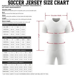 May include: A soccer jersey size chart featuring a white t-shirt illustration with red measurement lines for shoulder width, sleeve length, bust, waist, and length. It includes tables for preschool, boys, women's, and men's authentic jersey sizes in inches.