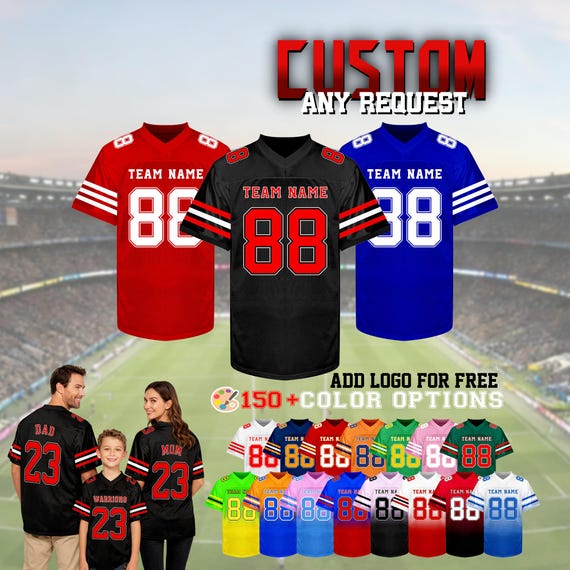 Custom Football Jerseys—Personalized Stitched Name Number Logo, Team Sports Uniforms Mesh Shirt, Party Gifts for Men Women Kids Toddler Fans