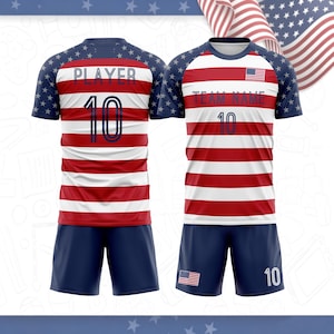 May include: A sports uniform set featuring a jersey and shorts with a red and white horizontal striped pattern. The sleeves and shoulders are dark blue with white stars. The jersey displays the text PLAYER, TEAM NAME, and the number 10.