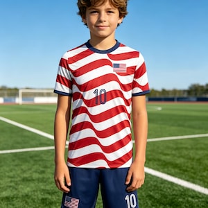 May include: A short-sleeved soccer jersey featuring a wavy red and white striped pattern with a dark blue collar and the number 10 in blue. The jersey includes a small American flag patch. Matching dark blue shorts feature the number 10 and a flag.