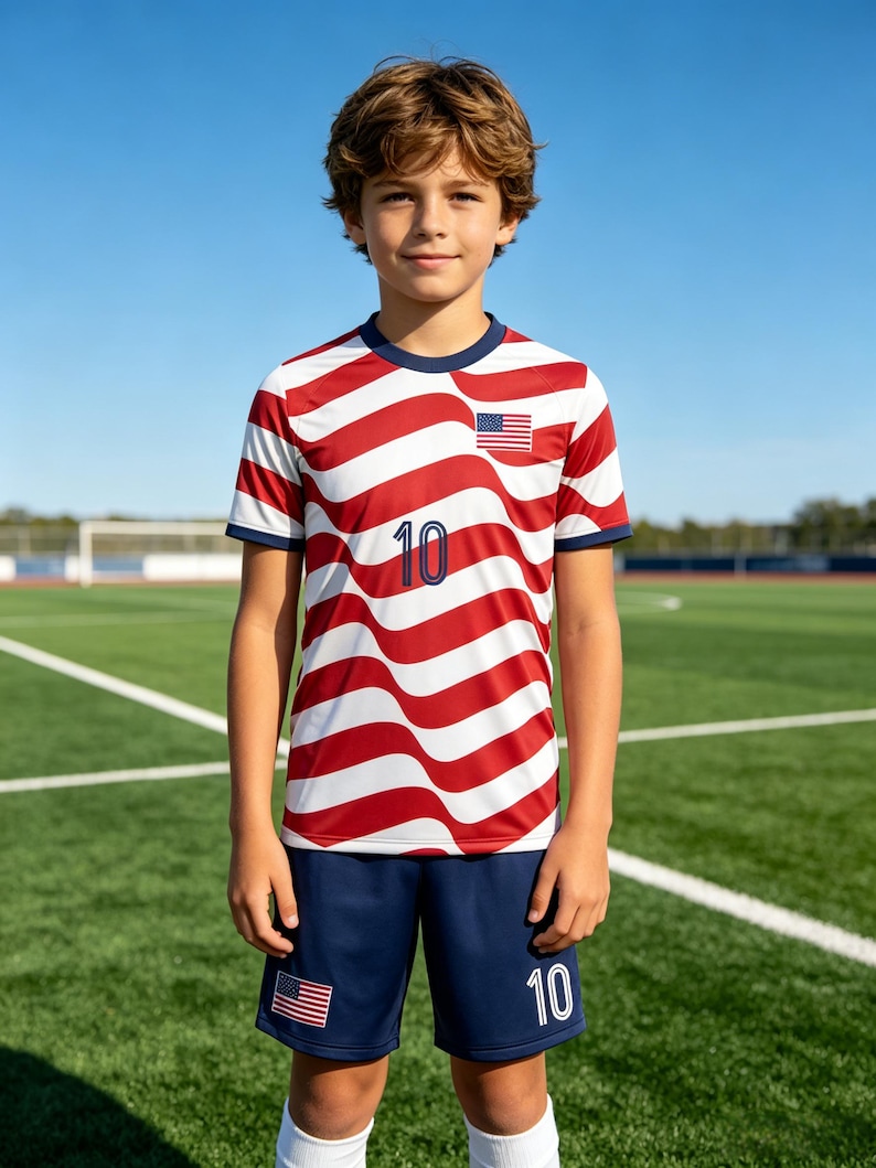 May include: A short-sleeved soccer jersey featuring a wavy red and white striped pattern with a dark blue collar and the number 10 in blue. The jersey includes a small American flag patch. Matching dark blue shorts feature the number 10 and a flag.