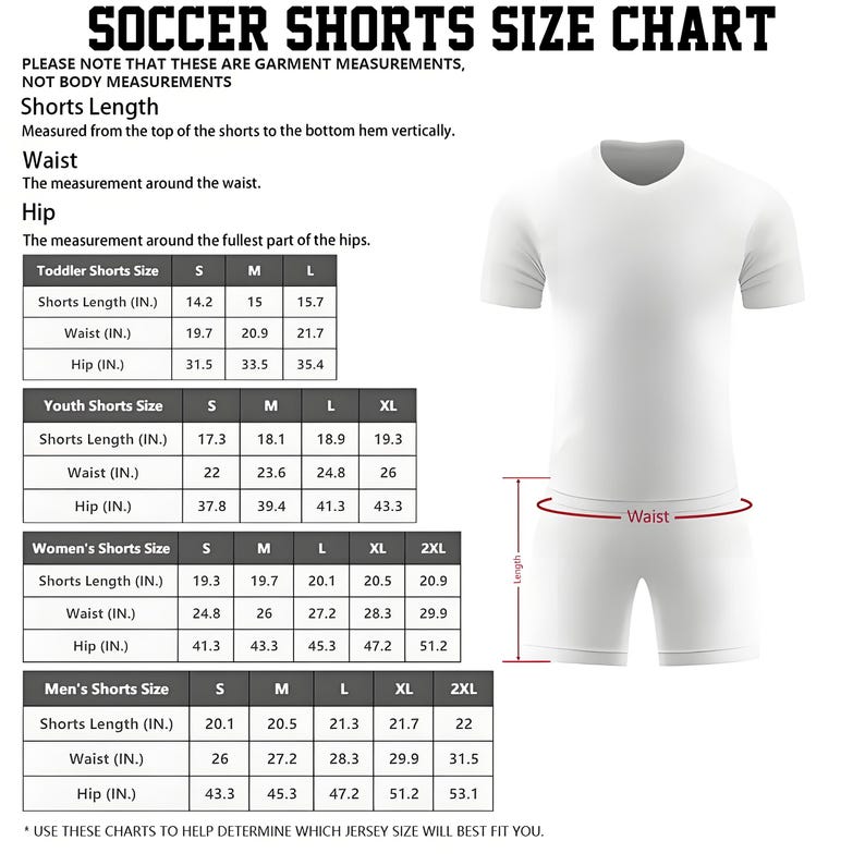 May include: A soccer shorts size chart featuring a white t-shirt and shorts illustration with red measurement lines. The text includes SOCCER SHORTS SIZE CHART, garment measurement notes, and tables for toddler, youth, women's, and men's sizes in inches.