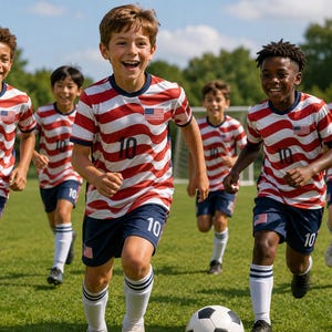 May include: A group of children wearing matching soccer uniforms consisting of red and white wavy striped jerseys with a small American flag patch and the number 10, paired with navy blue shorts featuring the number 10 and a small flag patch.
